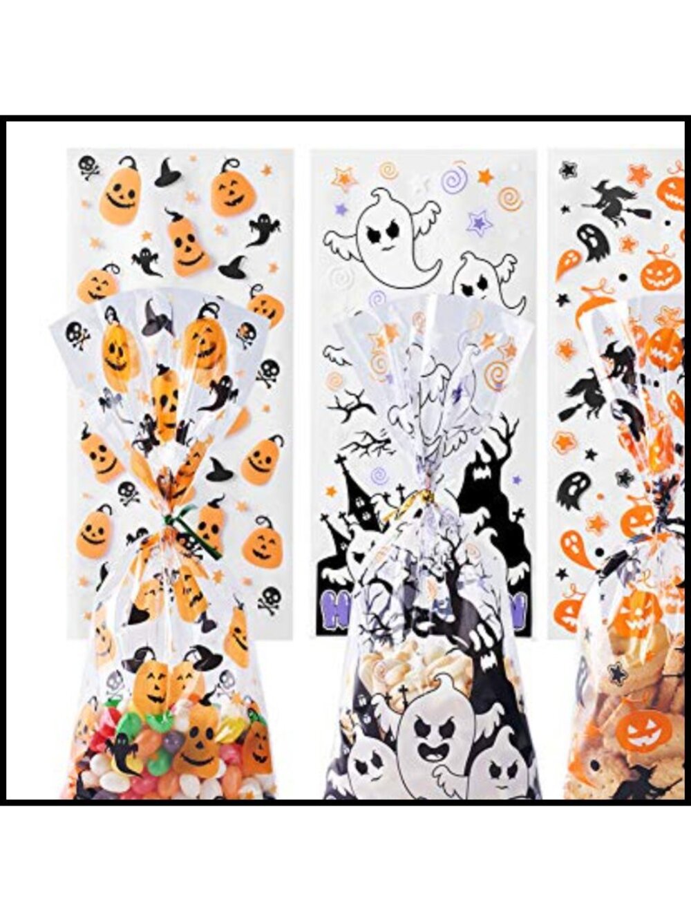 150pc Halloween Cellophane Treat Bags with 300 Twist Ties OPP Candy Bags